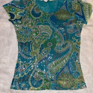 Floral Paisley Sequin Top - Blue and Green